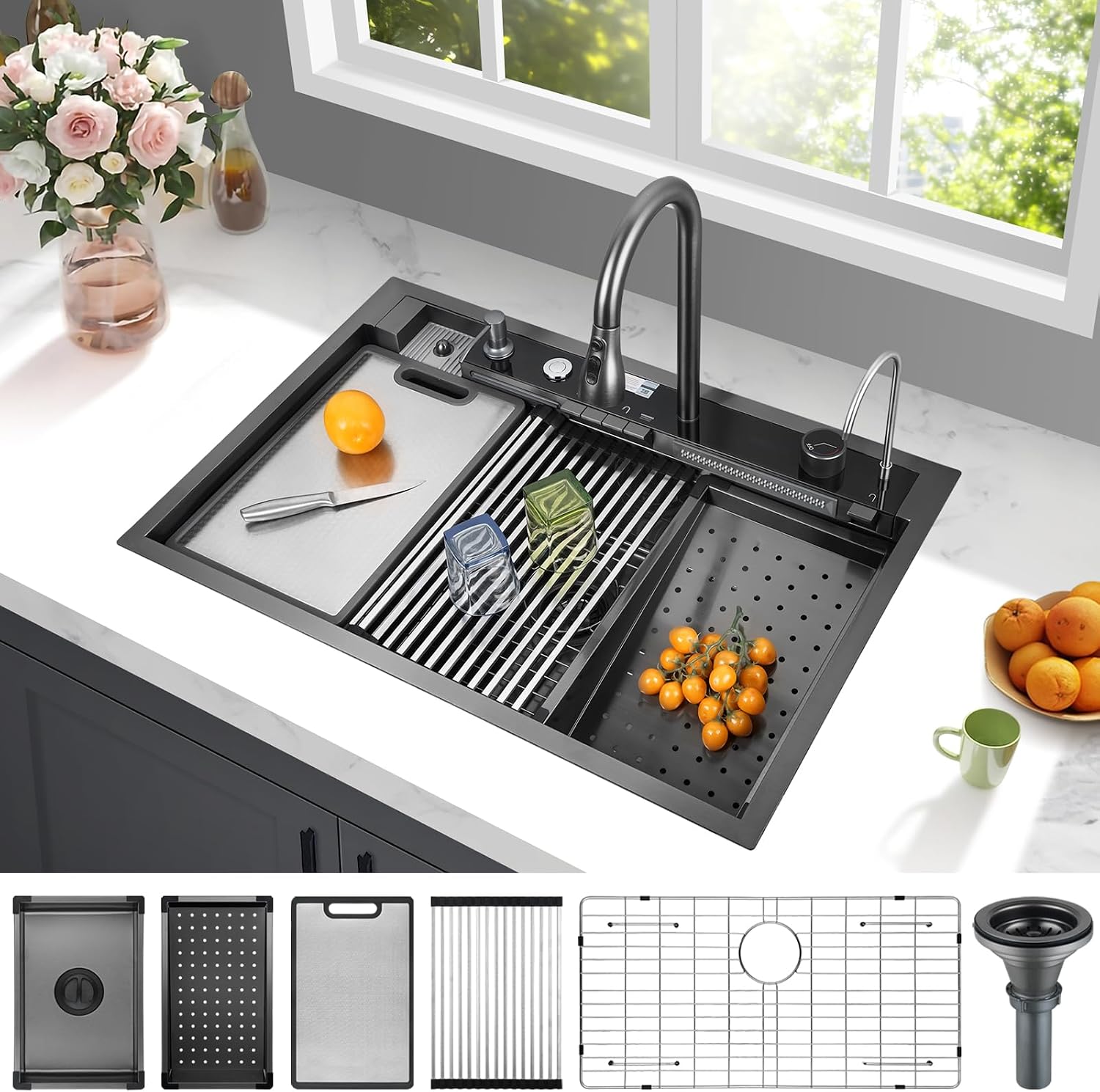 33x22 Inch Smart Waterfal Kitchen Sink Workstation, Gunmetal Black Drop-In Sink Handmade 16 Gauge Stainless Steel Single Bowl