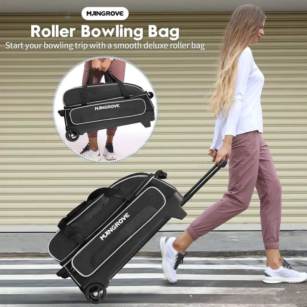 Mangrove 3 Ball Bowling Bag with Wheels & Shoe Compartment, Deluxe Bowling Ball Bag 3 Ball Roller, Rolling Triple-Ball Bag w/Accessory Pocket & Retractable Handle Extends to 40''