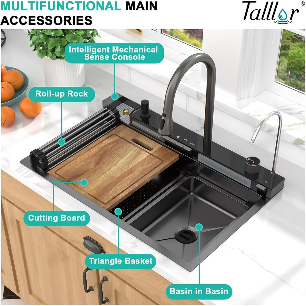 Smart Waterfall Kitchen Sink 30 Inch, Gunmetal Black Drop In 16 Gauge Stainless Steel Single Bowl Workstation Sink with Pull-Down Faucet, Cup Washer & Multi-Function Spray#TLWF-0004