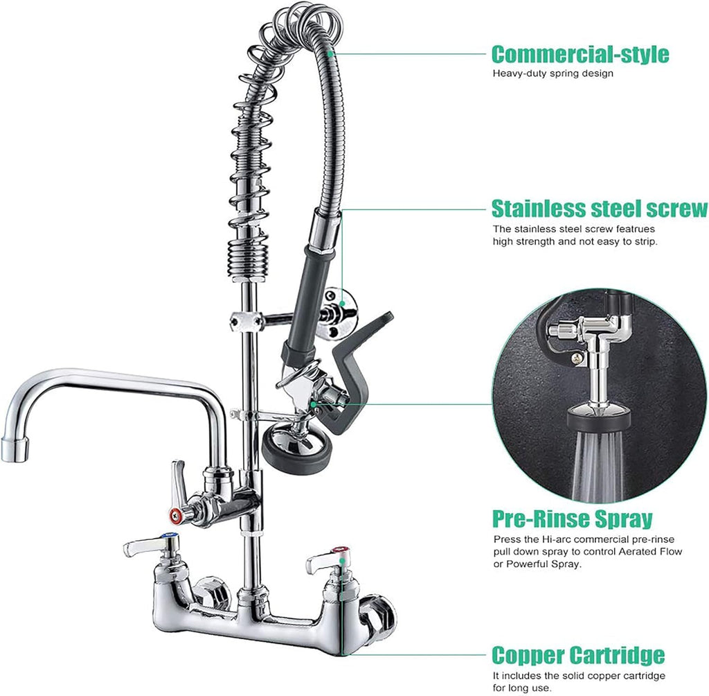 Commercial Wall Mount Kitchen Sink Faucet Brass Constructed Polished Chrome Pre-Rinse Device 25' Height 8' Center with Spring Pull Down Sprayer and 12' Add-on Spout (25 inches)