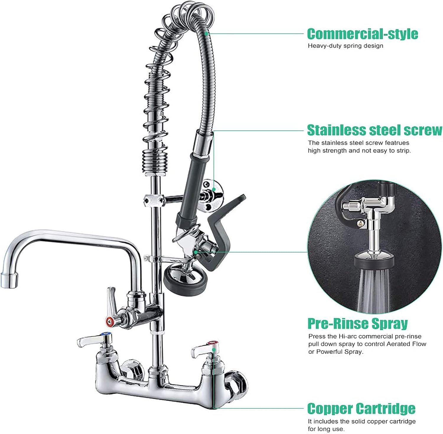 Commercial Wall Mount Kitchen Sink Faucet Brass Constructed Polished Chrome Pre-Rinse Device 25' Height 8' Center with Spring Pull Down Sprayer and 12' Add-on Spout (25 inches)