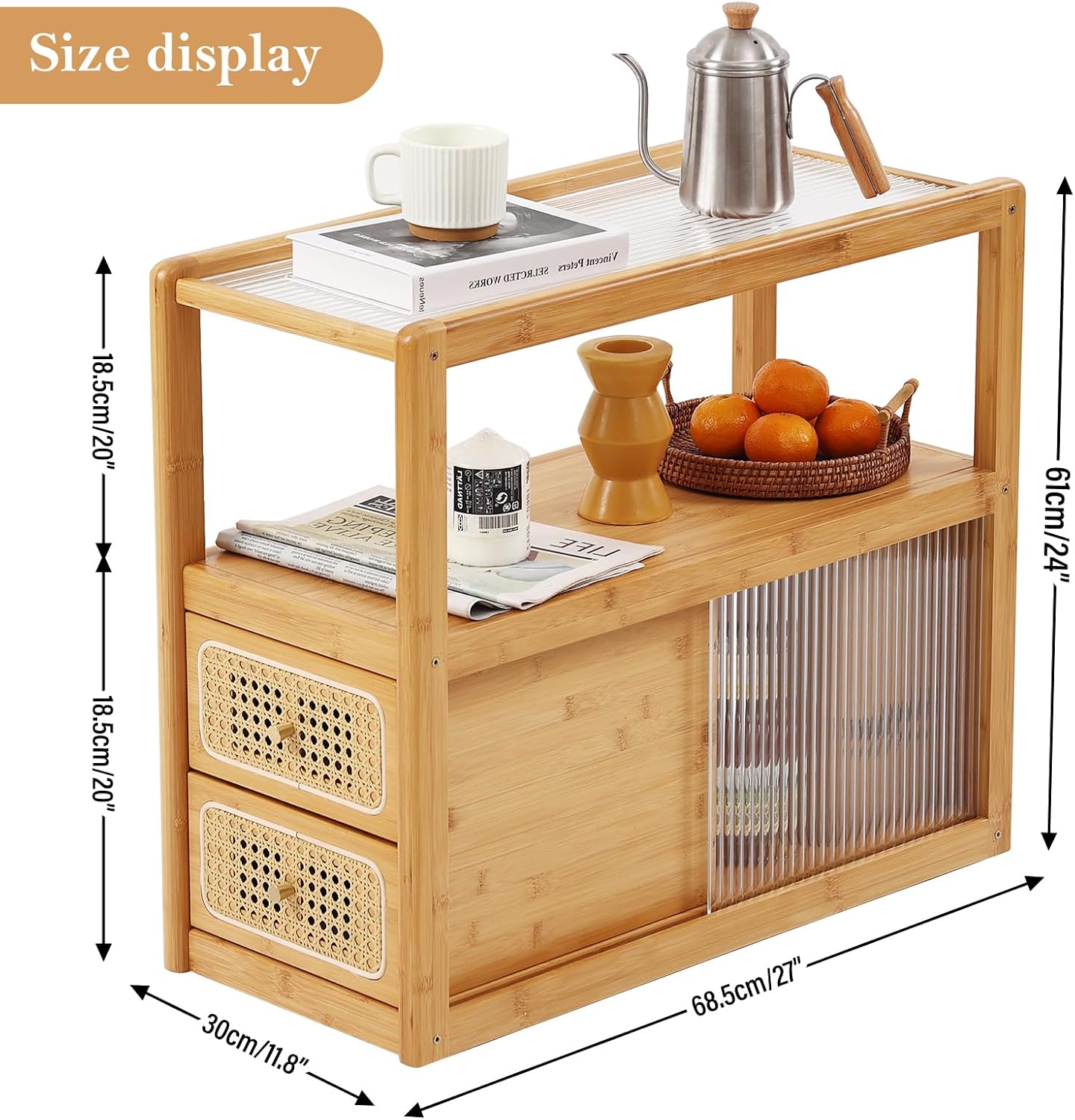 Tiita Rattan Nightstand Side Table, Bamboo Accent Bedside Tables, Glass Coffee Tables, Boho Wooden End Table with Storage for Small Space, Living Room and Bedroom
