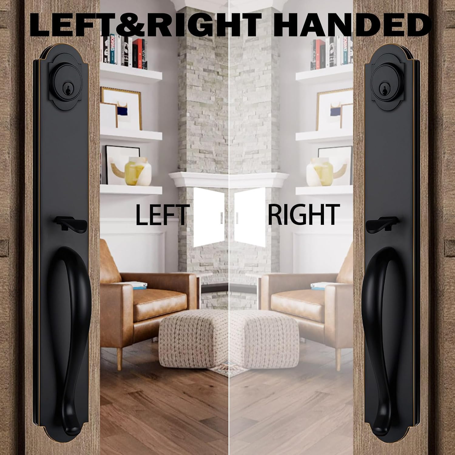 Double Door Handle Set for Front Door, Oil Rubbed Bronze Keyed&Dummy Exterior Door Lockset with Deadbolt, Reversible for Right&Left Handed