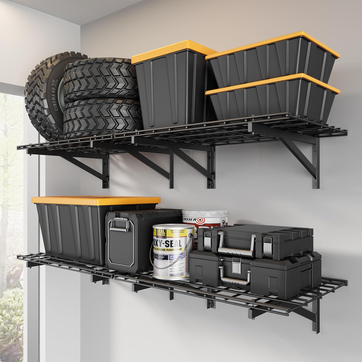 Jusgym 4 Pack Heavy Duty Garage Wall Shelving Set (2x3ft), Wall Mounted Garage Shelves 1400lbs Capacity, 24'x72' Shelf Storage Rack Floating Shelves, Black