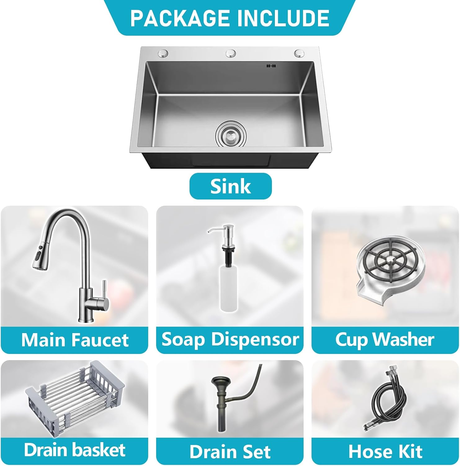 Stainless Steel Kitchen Sink with Faucet, Single Bowl Top Mount/Drop-In 3 Hole Single Bowl Workstation Sink with Cup Washer, Soap Dispenser, Drainage kit for Bar, Kitchen, Balcony (20 * 18in)