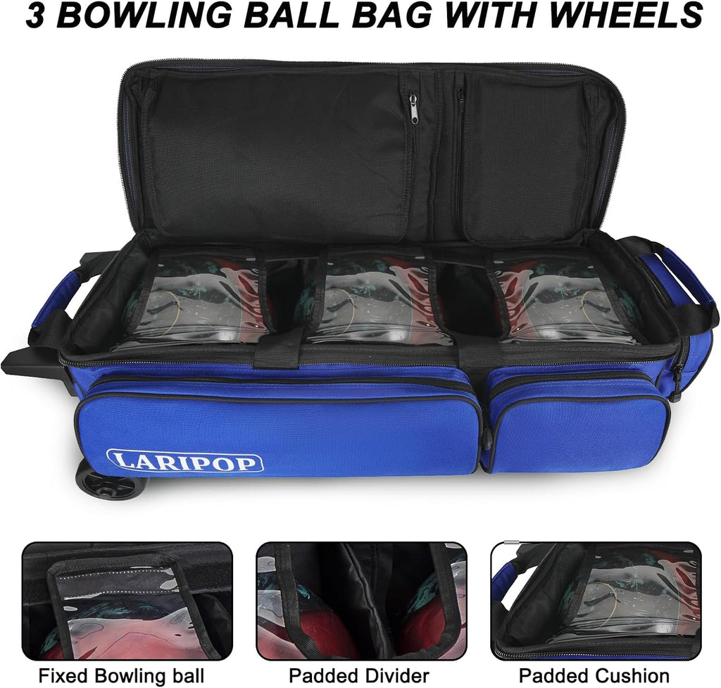 LARIPOP 3 Ball Bowling Bag with Wheels and Shoe Compartment, Rolling Bowling Bag for 3 Balls, Heavy Duty Bowling Roller Bag with Retractable Handle for Men Women