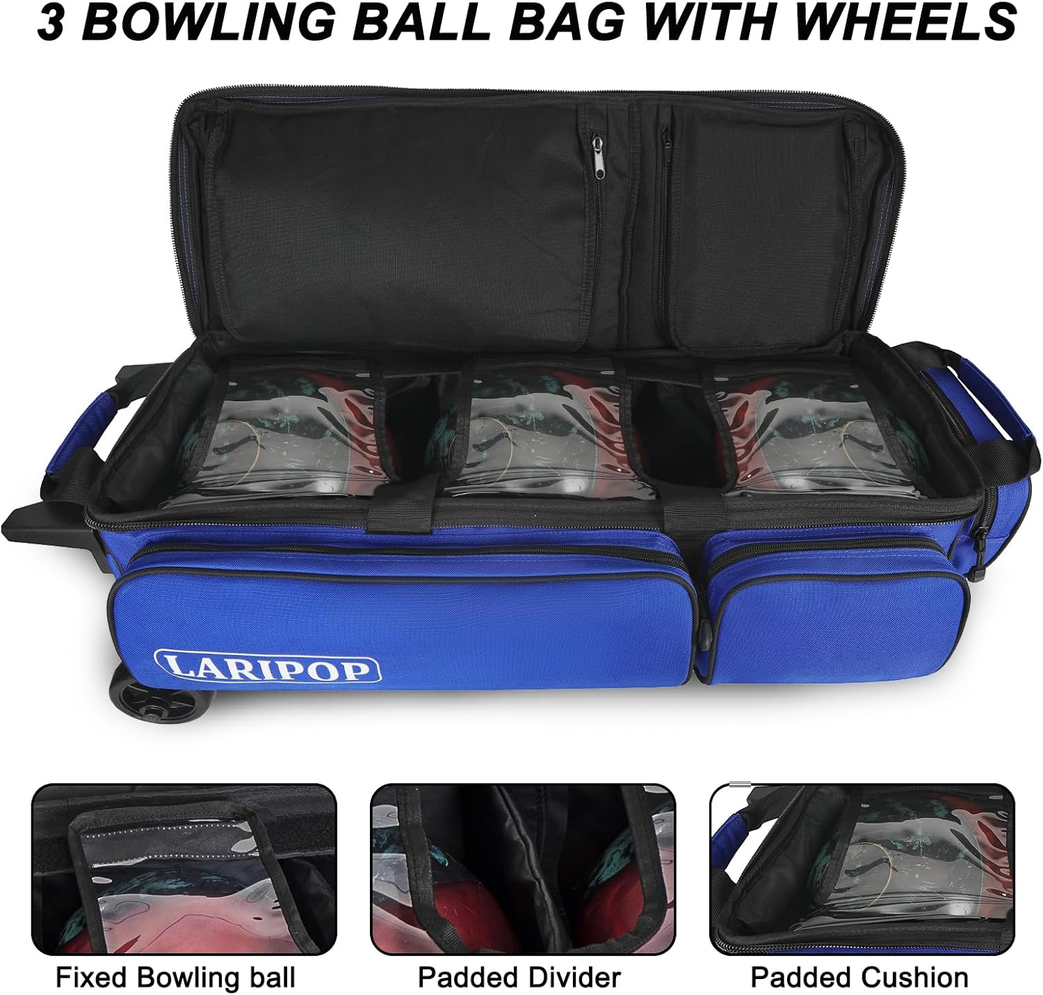 LARIPOP 3 Ball Bowling Bag with Wheels and Shoe Compartment, Rolling Bowling Bag for 3 Balls, Heavy Duty Bowling Roller Bag with Retractable Handle for Men Women