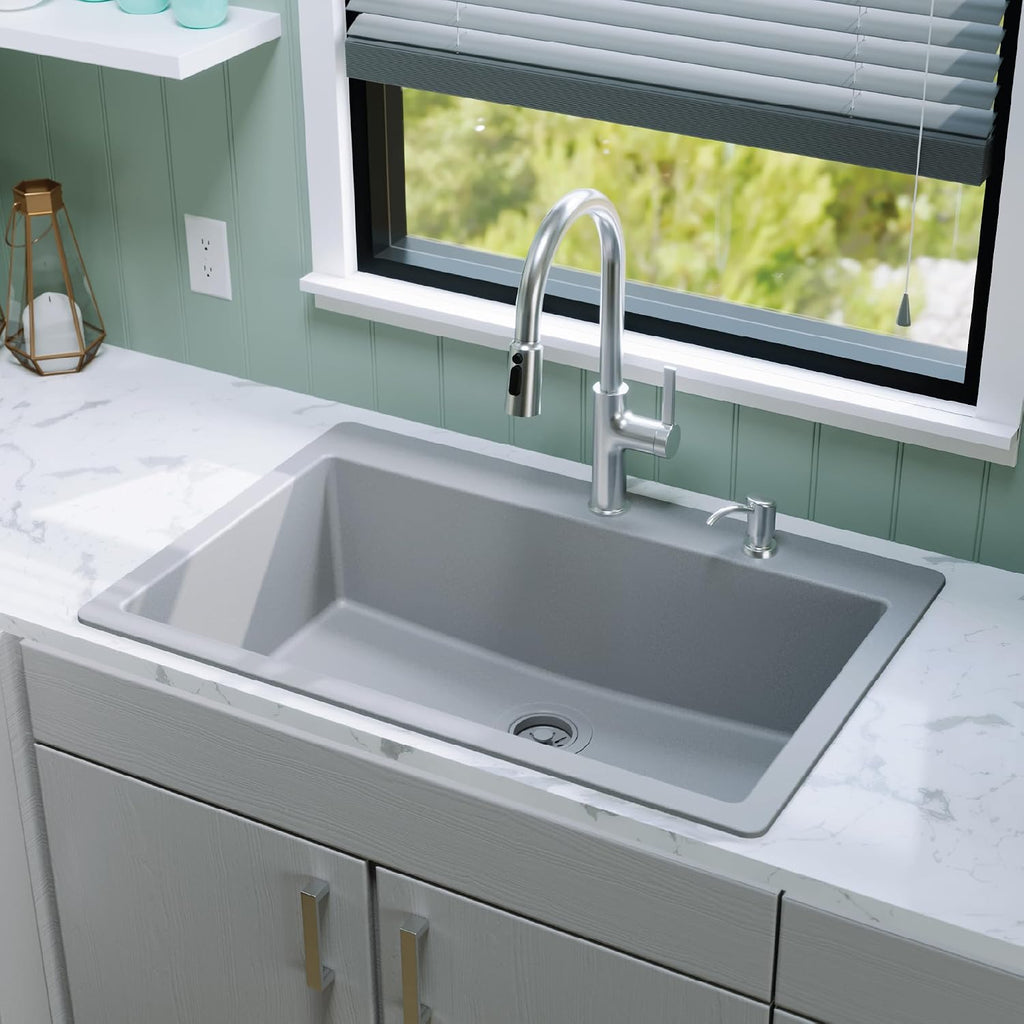 Karran 33' Drop-In Top Mount Quartz Composite Single Bowl Kitchen Sink in Grey – Extra Deep 9' Basin, Heat Resistant, Sound Dampening, Easy Clean Surface