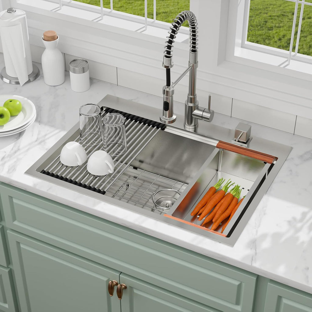 28x22 Inch Drop In Kitchen Sink Workstation 16 Gauge 304 Stainless Steel Handmade Welding Topmount Sink with Single Bowl, R10 Rounded Corner 28'x22'x10', #YST0001