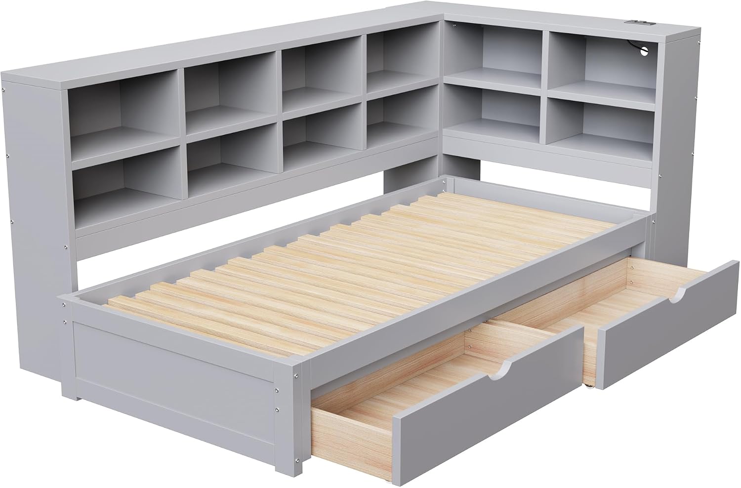 Merax Twin XL to King Size Daybed with Two Storage Drawers and Light, Wooden L-Shaped Corner Bed Sofa Bed with Storage Shelves and USB Ports, No Box Spring Needed, Gray