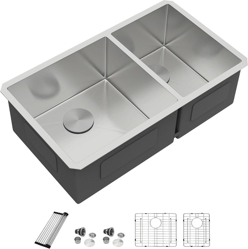 Dcolora 36' Extra Large Double Bowl Kitchen Sink Undermount 60/40 Split 16 Gauge 304 Stainless Steel Double Sinks, Round Corner 36'x19'x10' DC-U7741