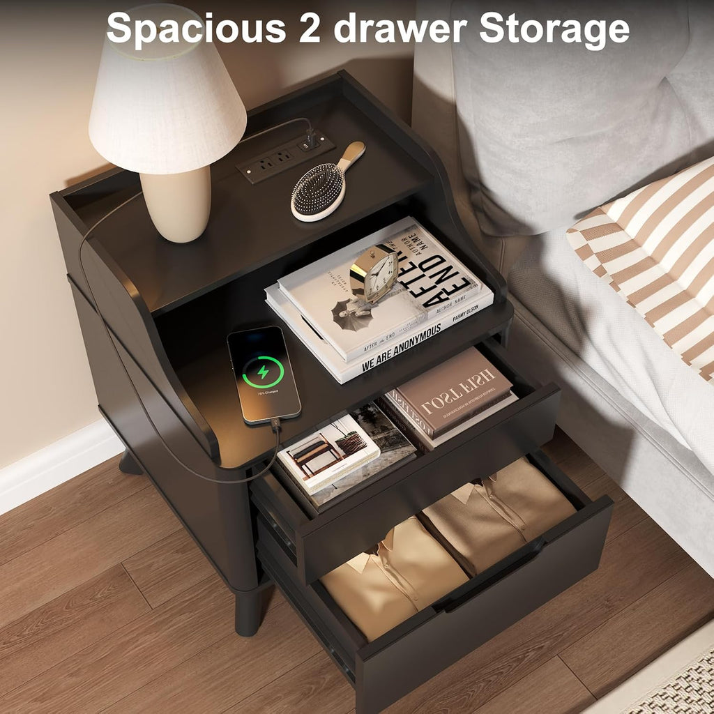 Nightstand with Charging Station, 21' Tall Nightstand w/2 Storage Drawers, Wood Night Stand with Hidden Handle, 17'' Wide Modern Bedside Table for Bedroom Dorm Home Office (Black)
