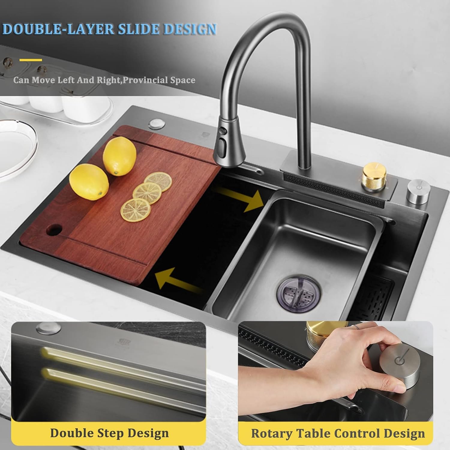 Black Single Bowl Kitchen Sink 304 Stainless Steel Waterfall Bar Sink Multi-Purpose Handmade Sink Rv Sink with 360 ° Pull-Out Faucet and Cup Washer Top Mount Or Undermount (Color : Blac