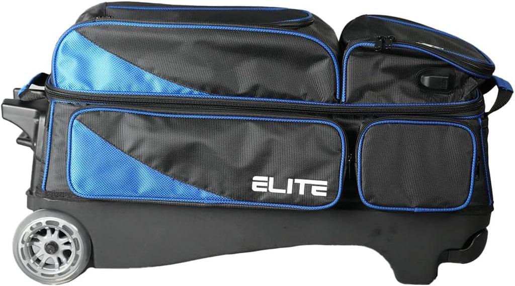 ELITE Deluxe 3 Ball Roller Bowling Bag with 5' Smooth Wheels - 4 Large Accessory Pockets, Shoe Compartment, Extendable Handle - USB Charging Port