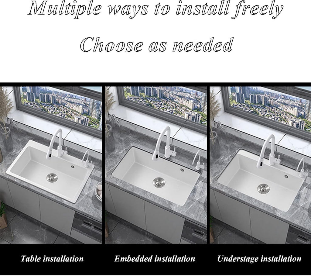 White Quartz Stone Sink Large Single Bowl Kitchen Sink Granite Sink Drop-in Washing Bowl with Pull Out Faucet and Water Purification Faucet Combo, White (White-50x43cm