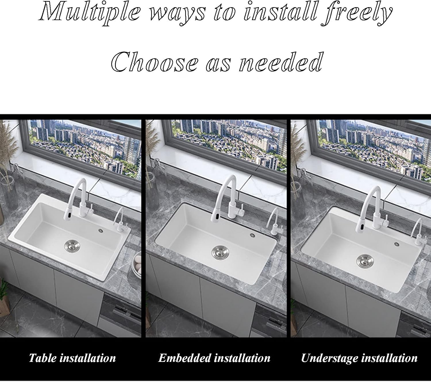 White Quartz Stone Sink Large Single Bowl Kitchen Sink Granite Sink Drop-in Washing Bowl with Pull Out Faucet and Water Purification Faucet Combo, White (White-50x43cm