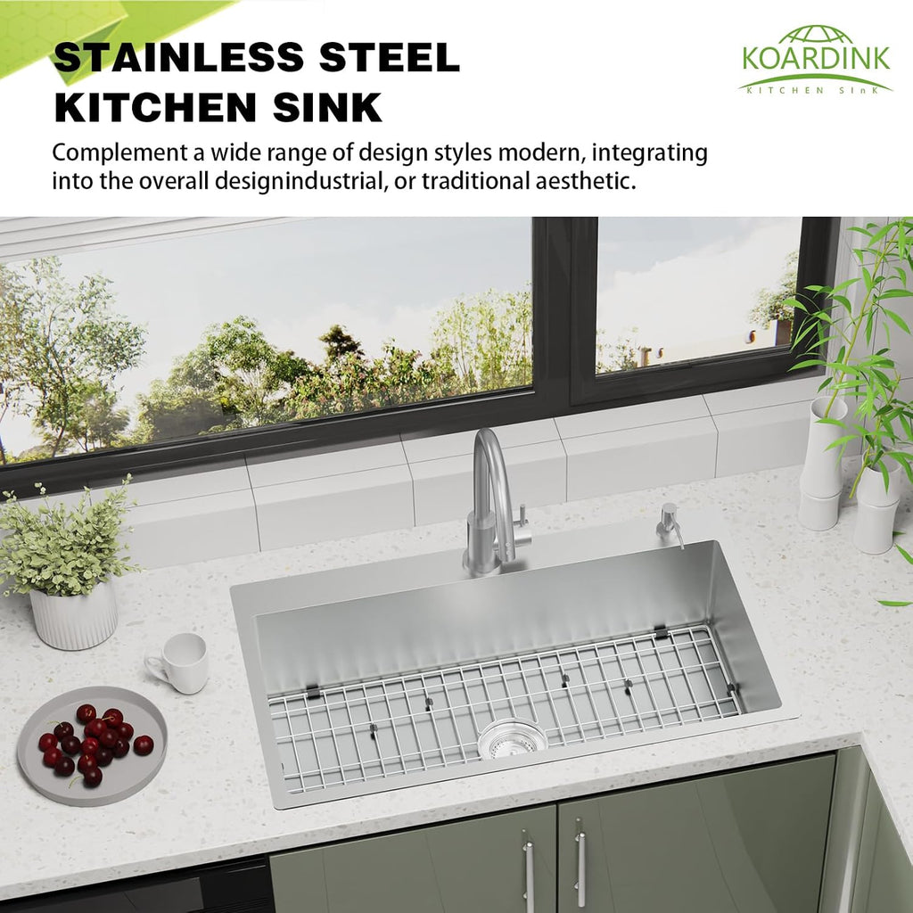 Kitchen Sink, 33x19 Inch Stainless Steel Drop In Modern Large Single Bowl Topmount Kitchen Sink Gift Combo-SS Grid,Silicon Mat, Drain Strainer Set Compatibility With Various Kitchen&Bar Style