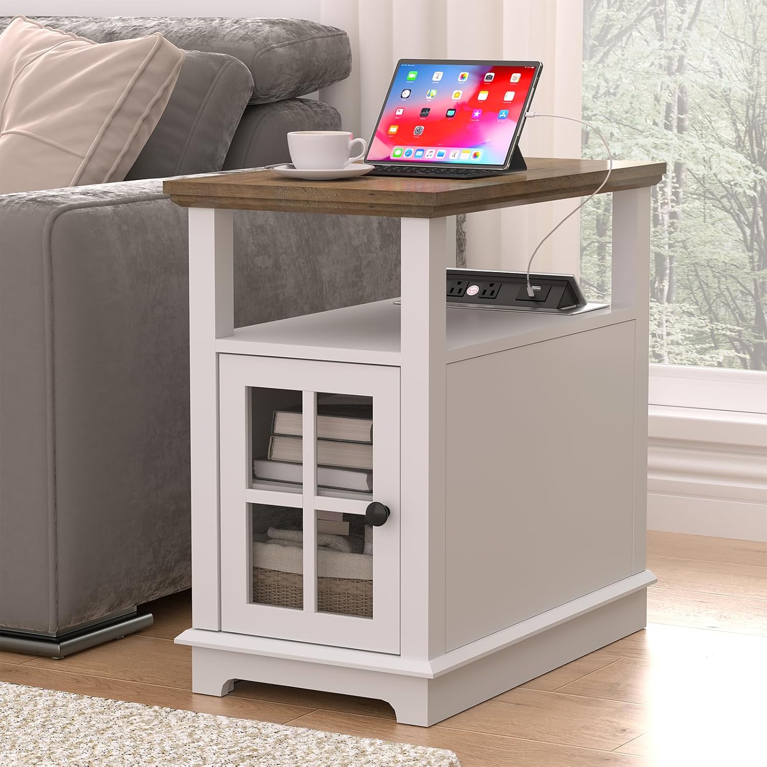 HIFYOBRO Narrow End Table with Flip Top Charging Station, Storage Side Table, Type-C & USB Port & Adjustable Shelf, White Nightstand for Living Room & Bedroom