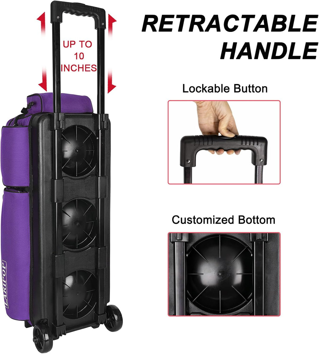 LARIPOP 3 Ball Bowling Bag with Wheels and Shoe Compartment, Rolling Bowling Bag for 3 Balls, Heavy Duty Bowling Roller Bag with Retractable Handle for Men Women
