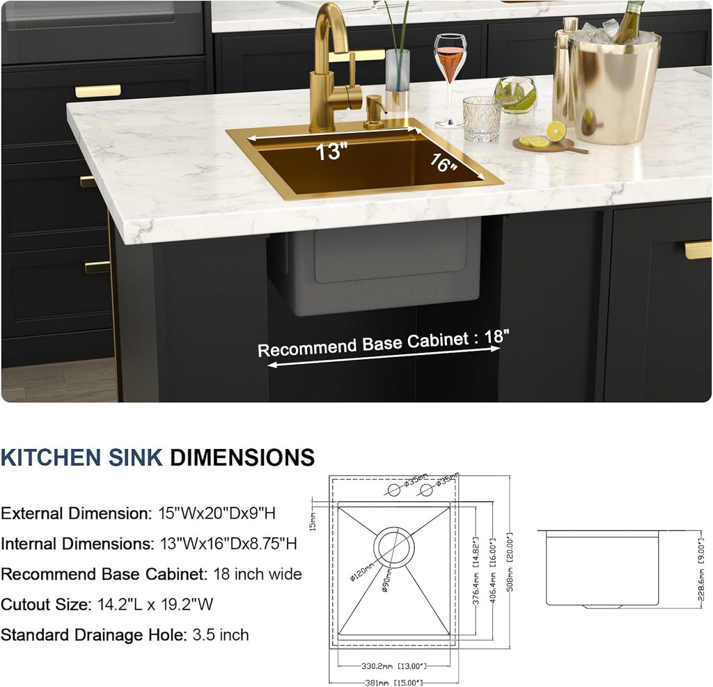 Bar Sink - Lordear 15x20 Inch Gold Bar Sink with Faucet Drop In Workstation 16 Gauge T304 Stainless Steel Single Bowl Top Mount Wet Bar RV Prep Outdoor Kitchen Sink 15x20x9 Inch