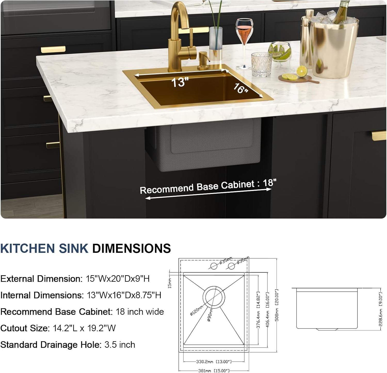Bar Sink - Lordear 15x20 Inch Gold Bar Sink with Faucet Drop In Workstation 16 Gauge T304 Stainless Steel Single Bowl Top Mount Wet Bar RV Prep Outdoor Kitchen Sink 15x20x9 Inch