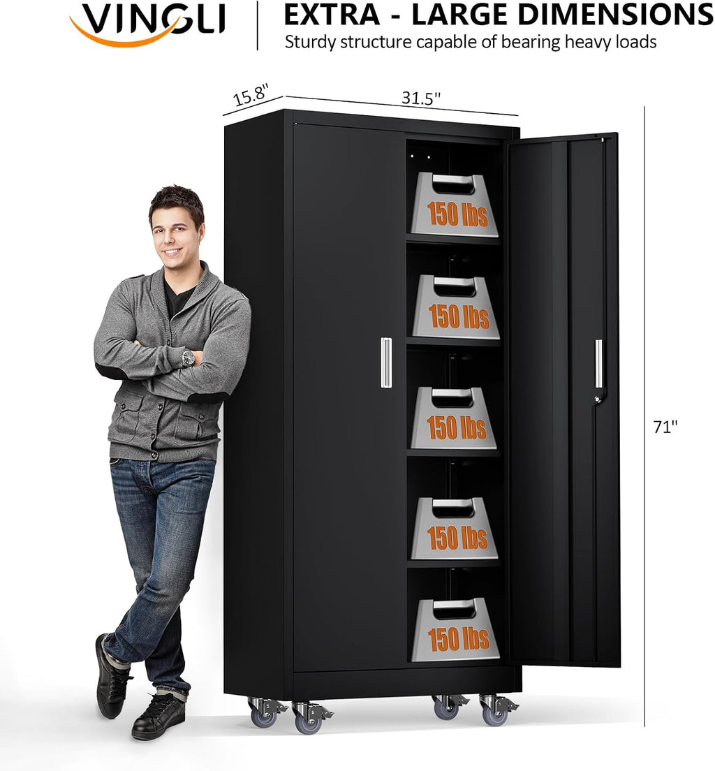 VINGLI Rolling Metal Storage Cabinet with Adjustable Shelves, 71'' Tall Garage Storage Cabinet with Wheels, Locking Tool Cabinets for Home Office Garage Gym School (Black)