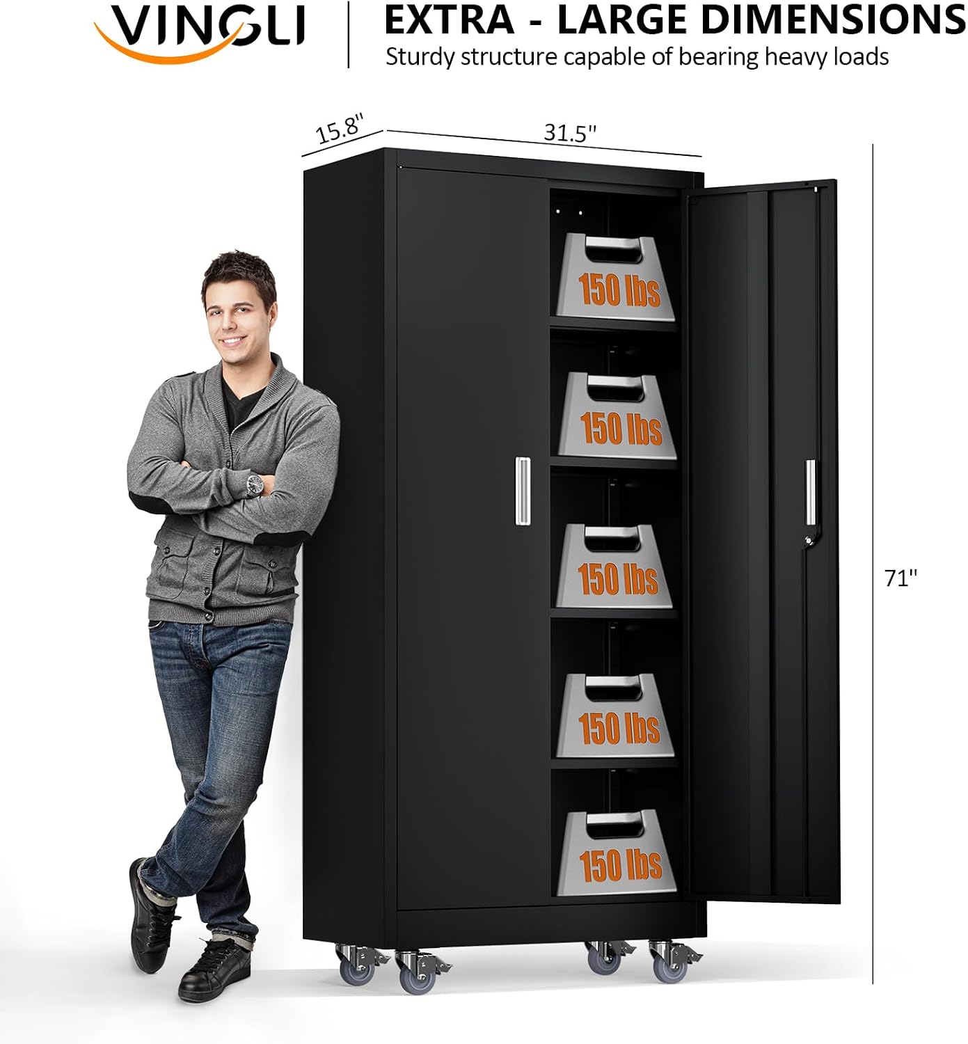 VINGLI Rolling Metal Storage Cabinet with Adjustable Shelves, 71'' Tall Garage Storage Cabinet with Wheels, Locking Tool Cabinets for Home Office Garage Gym School (Black)
