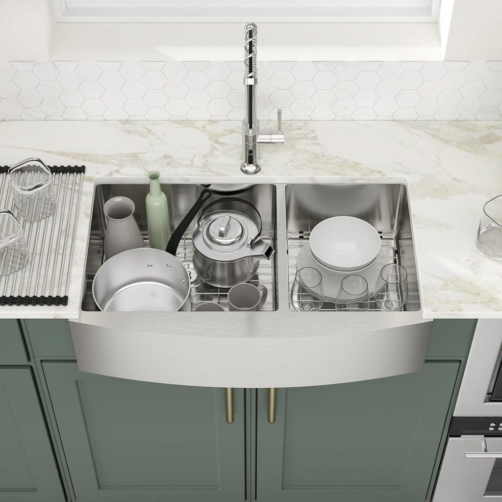 Logmey 33 Inch Farmhouse Sink 60/40 Double Bowl Kitchen Sink Apon Front Sink 16 Gauge 304 Stainless Steel Farm Sinks 33x20x9