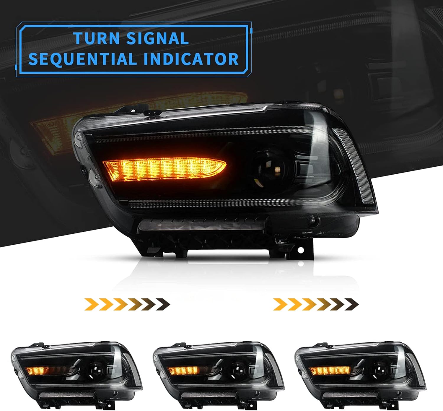 VLAND Projector Headlights + D2S Led Bulbs Compatible with Dodge Charger 2011-2014 (Not Fit 2012 Charger SE) w/Sequential Indicator Passenger+ Driver Sides+Bulbs