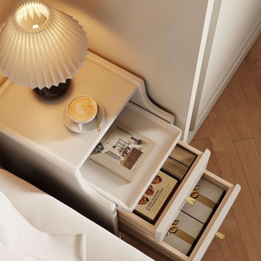 AQIMUELE Wood Nightstand, White Nightstand with 2 Drawers, Bedside Table for Bedroom