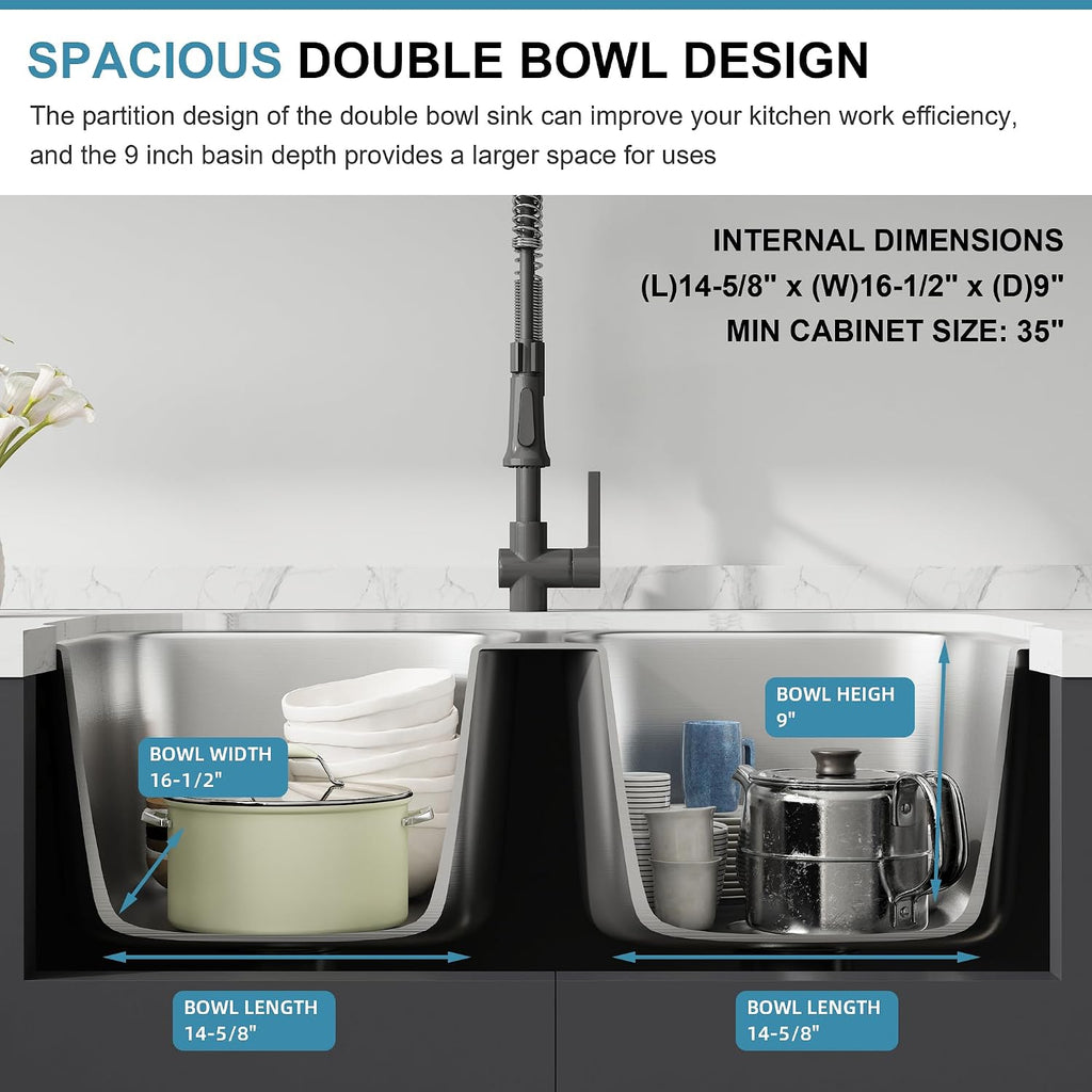 32 Inch Undermount Double Bowl Kitchen Sink, 18 Gauge 304 Stainless Steel 50/50 Kitchen Sinks with Strainer, 32' x 18' x 9'