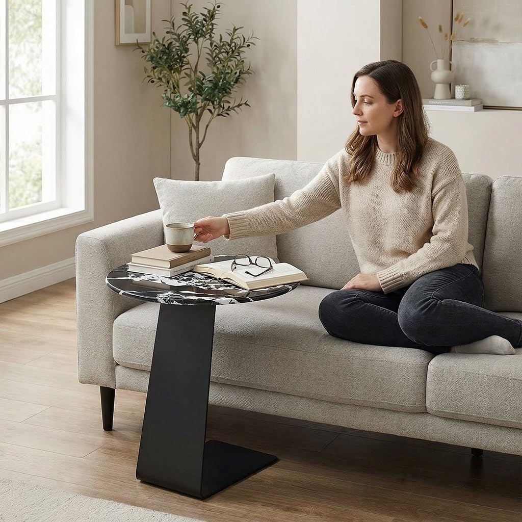 25.5-Inch High C-Shaped End Table with Marble Top & Black Metal Frame, Modern Space-Saving Sofa Side Table for Living Room, Bedroom, Small Spaces(C)