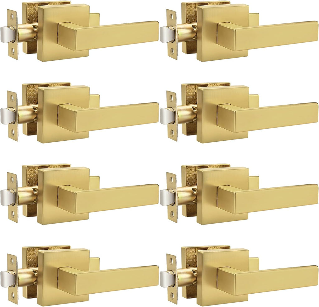 Probrico Interior Non-Locking Passage Door Handles 8 Pack, Gold Square Door Levers for Closet Hallway