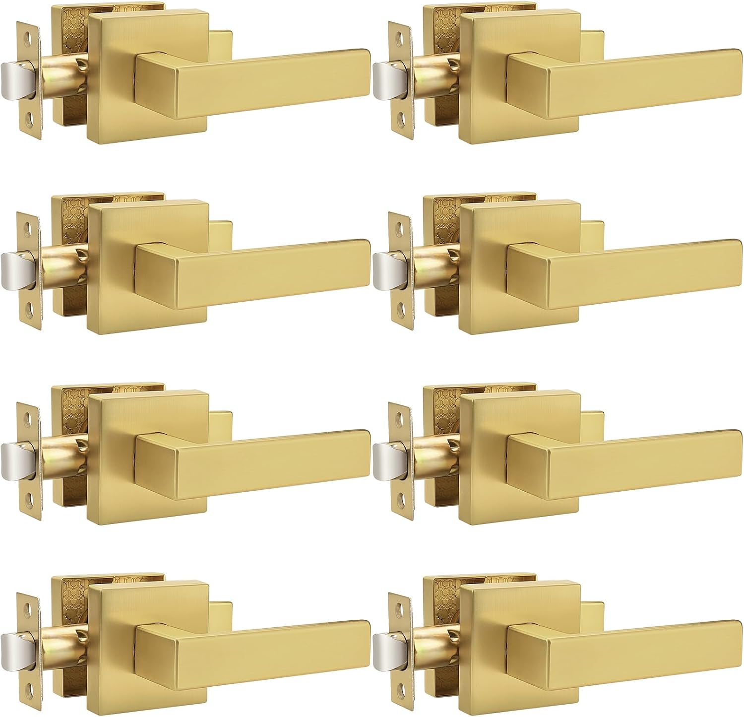 Probrico Interior Non-Locking Passage Door Handles 8 Pack, Gold Square Door Levers for Closet Hallway