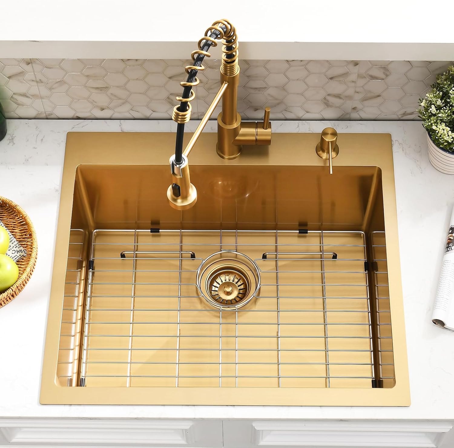 25 Inch Gold Drop In Kitchen Sink with Faucet Combo - 25x22 Modern Gold Stainless Kitchen Sink Drop In, Single Bowl Top Mount Sink with Soap Dispenser & Accessories