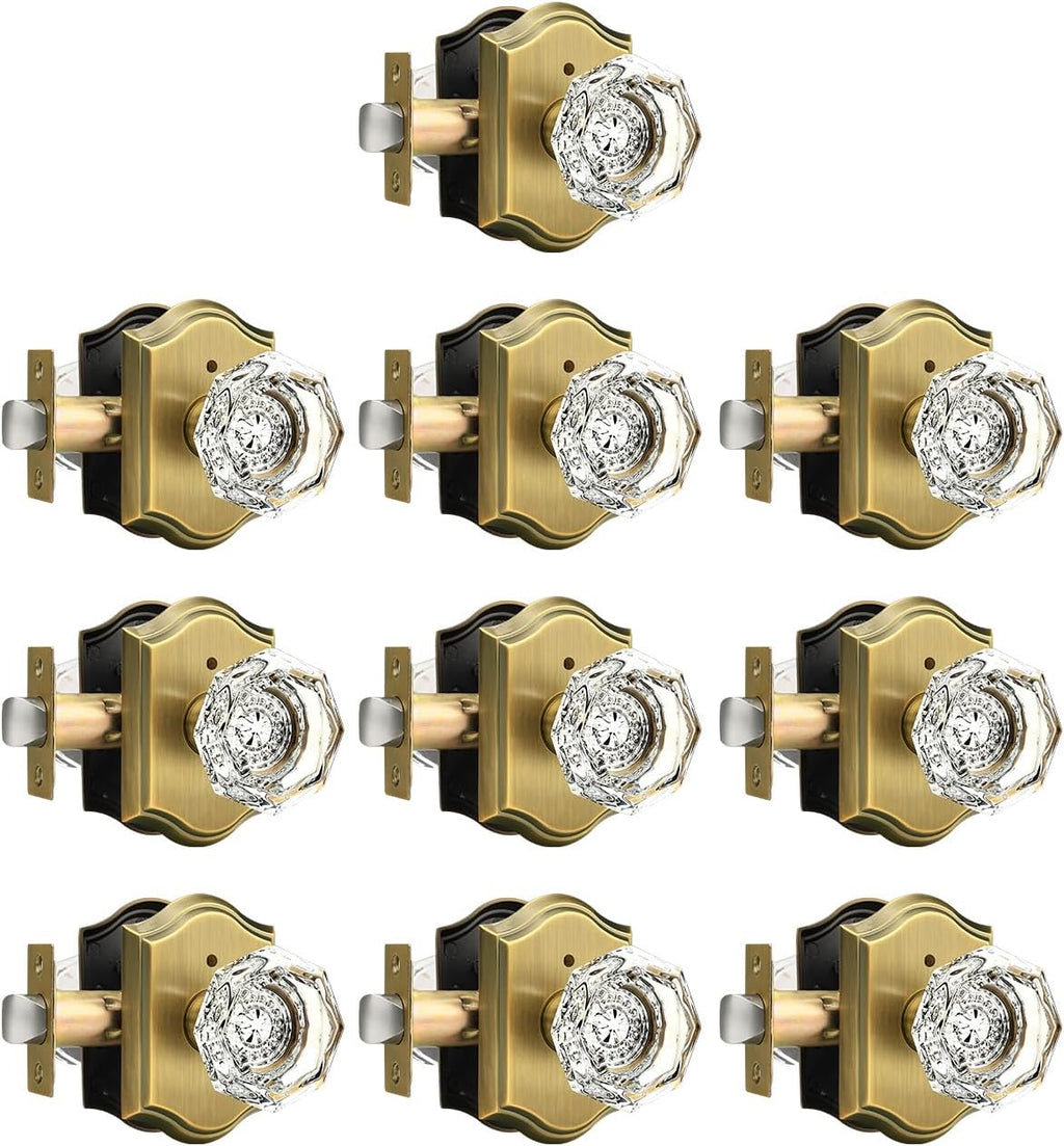 Gobrico 10 Project Pack Octagonal Crystal Door Knobs with Lock,Interior Privacy Door Locksets for Bedroom/Bathroom,Keyless Outside,Push Pin Inside,Antique Brass,Heavy Duty