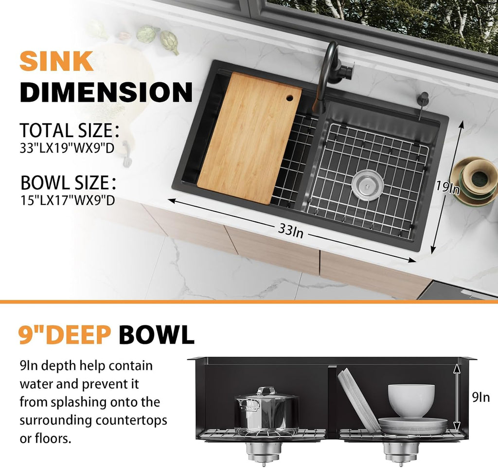 Black 33'x19' Kitchen Sink Workstation - 50/50 Double Bowl Stainless Steel Undermount Kitchen Sink Built-in Ledge Drop In Workstation Sink For Placing/Sliding Accessories-Cutting Board,Drying Rack