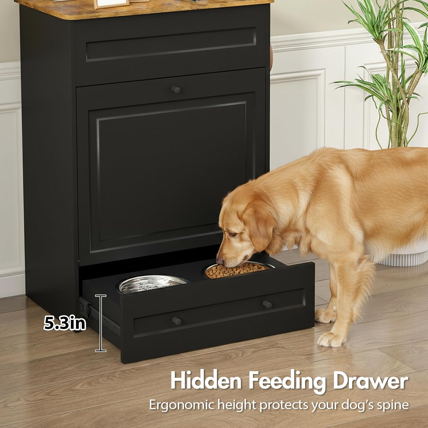 Elevated Dog Feeding Station with Storage Cabinet, 5.3' Pull-Out Hidden Bowls, Dog Food Organizer for Medium Large Dogs with Slow Feeder, Stainless Steel Bowls & Side Hooks (Black)