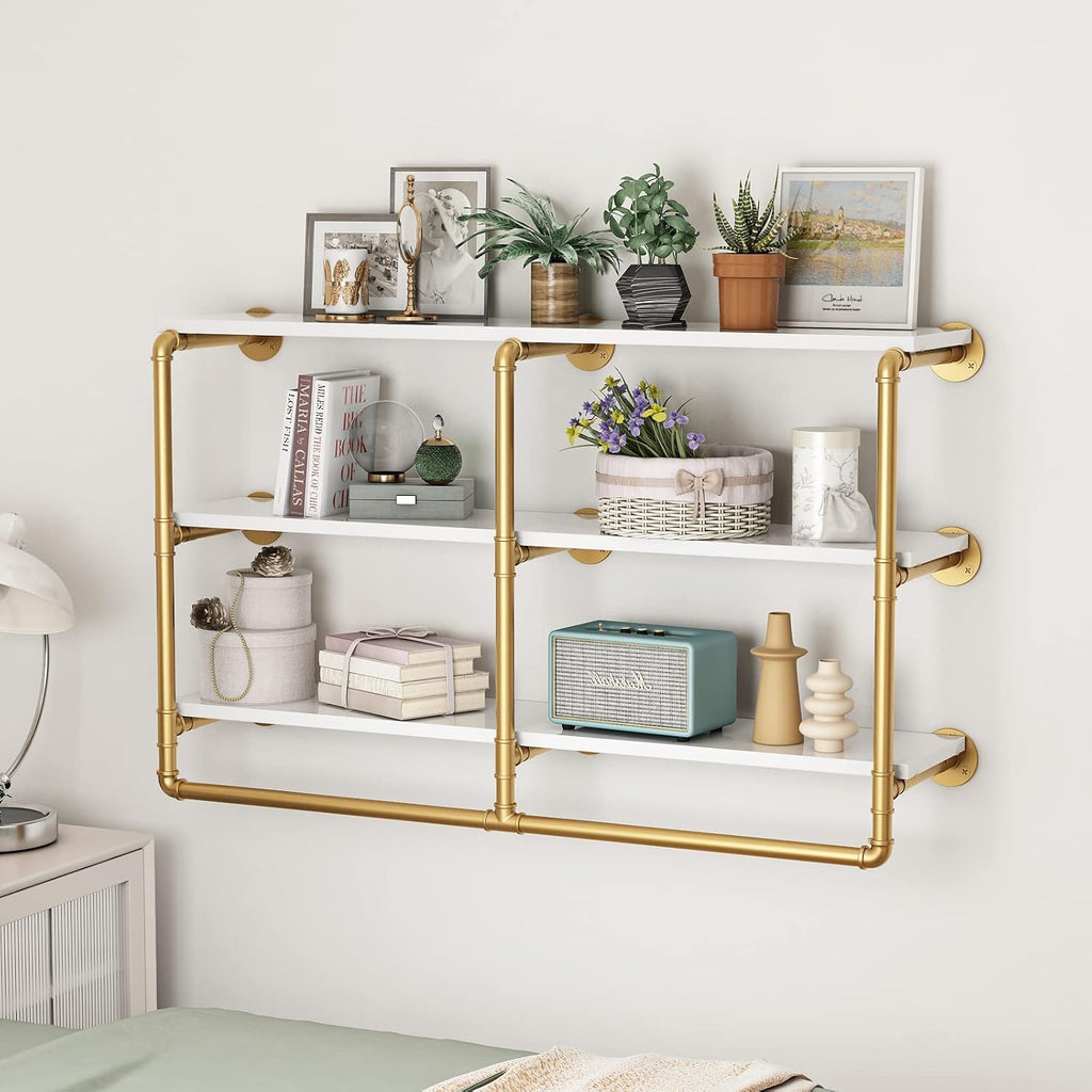 HOMEKAYT 48'' Industrial Pipe Shelving Floating Wall Shelves 3 Tier Gold Shelves Multiple Use for Kitchen, Bedroom,Living Room,Bathroom