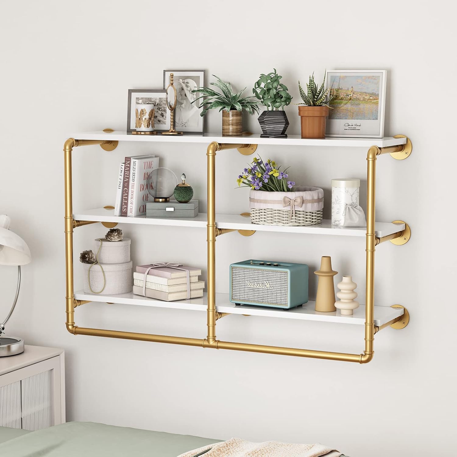 HOMEKAYT 48'' Industrial Pipe Shelving Floating Wall Shelves 3 Tier Gold Shelves Multiple Use for Kitchen, Bedroom,Living Room,Bathroom