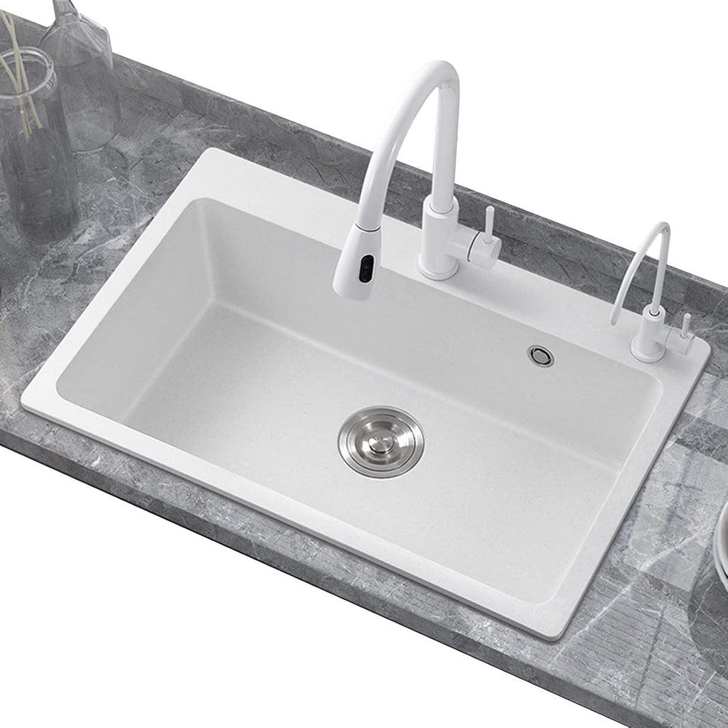 White Quartz Stone Sink Large Single Bowl Kitchen Sink Granite Sink Drop-in Washing Bowl with Pull Out Faucet and Water Purification Faucet Combo, White (White-50x43cm