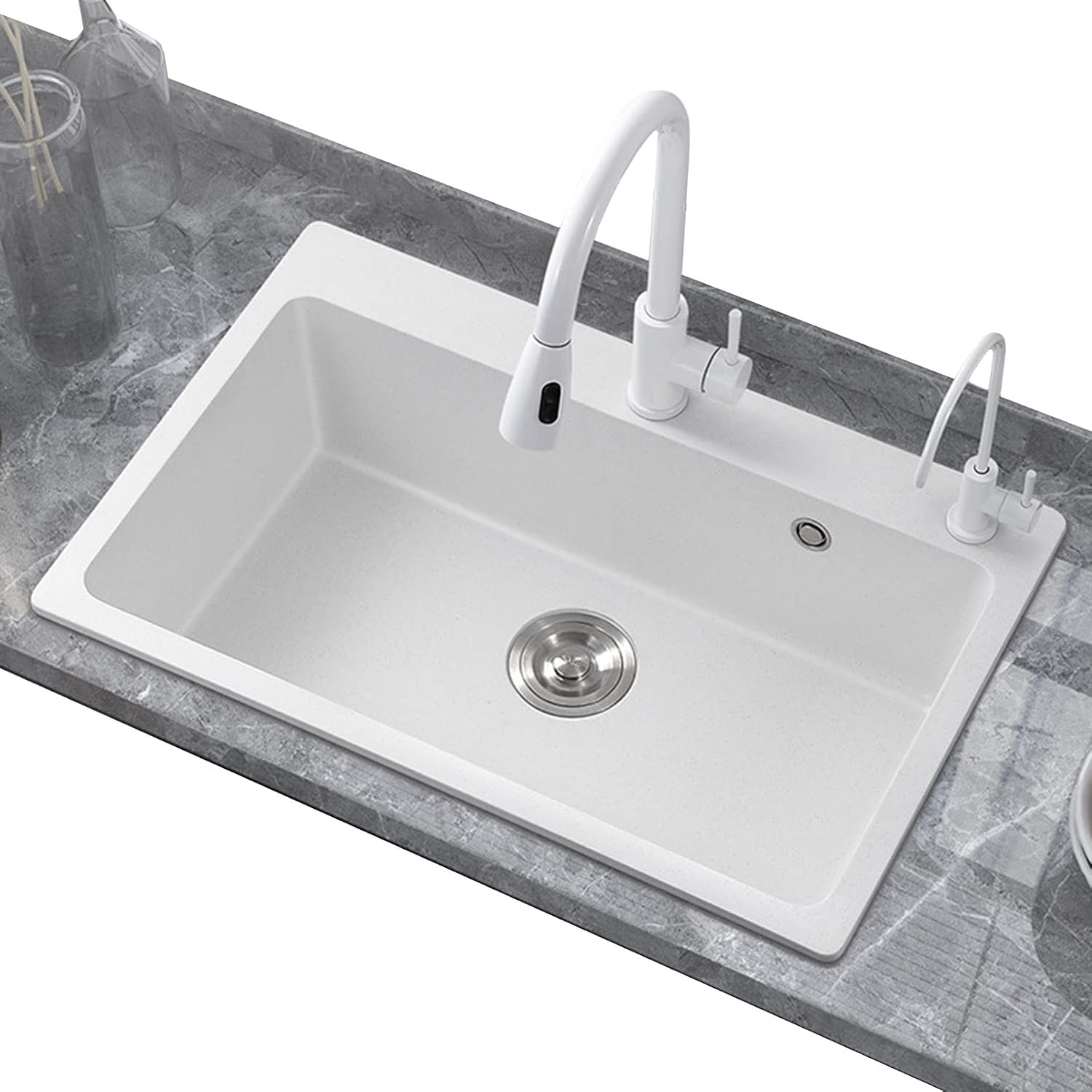 White Quartz Stone Sink Large Single Bowl Kitchen Sink Granite Sink Drop-in Washing Bowl with Pull Out Faucet and Water Purification Faucet Combo, White (White-50x43cm