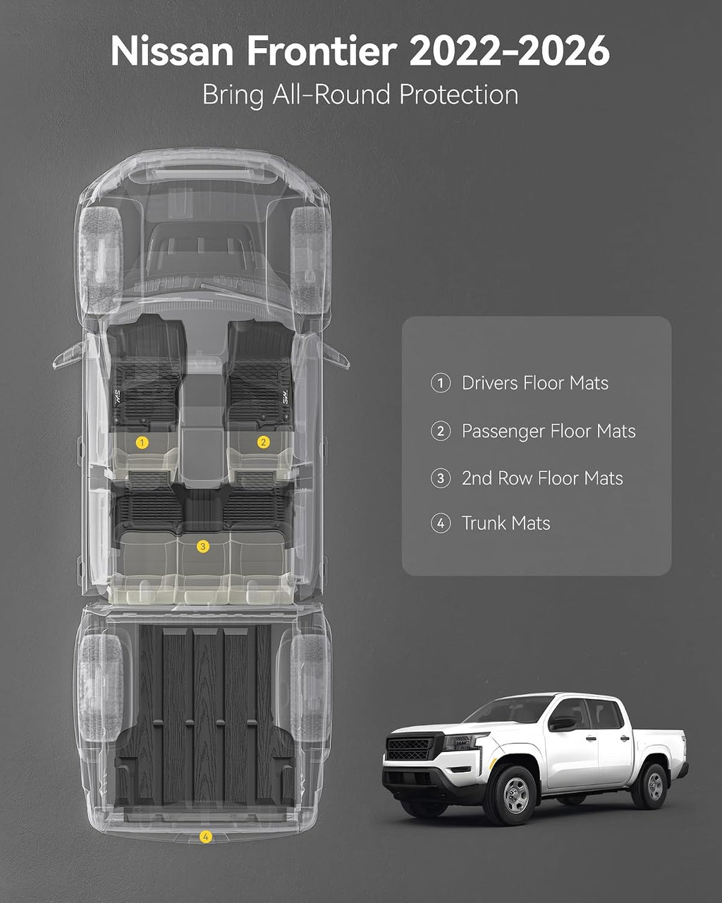 3W Floor Mats & Truck Bed Mat for Nissan Frontier 2025 2024 2023 2022 Crew Cab(NOT for 2nd with Under Seat Speaker), All Weather TPE Custom Fit Car Liner for Frontier