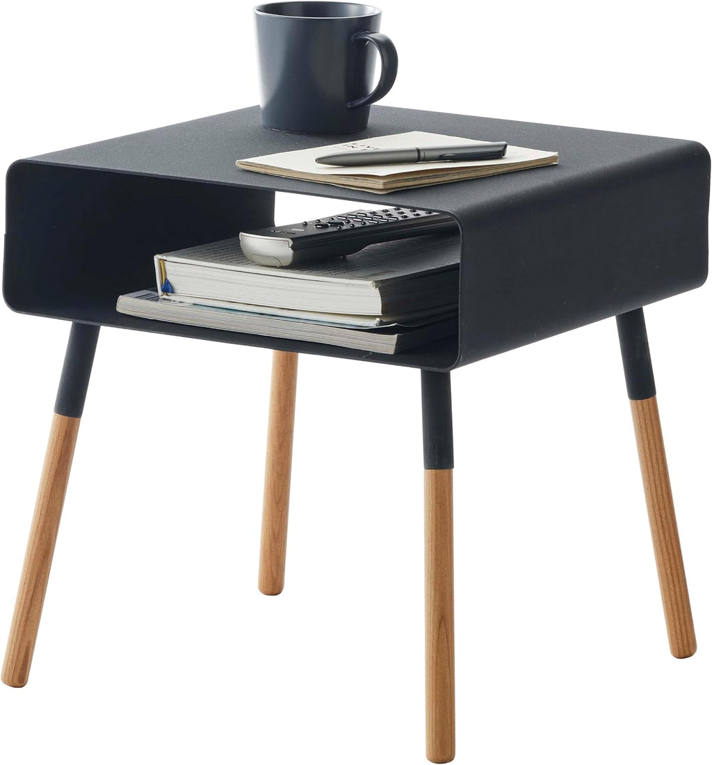 YAMAZAKI Home Plain Side Table with Open Storage Shelf, Rectangular Accent Space Saving Living Room Bedroom Couch End Table - Short, 14' - Steel + Wood