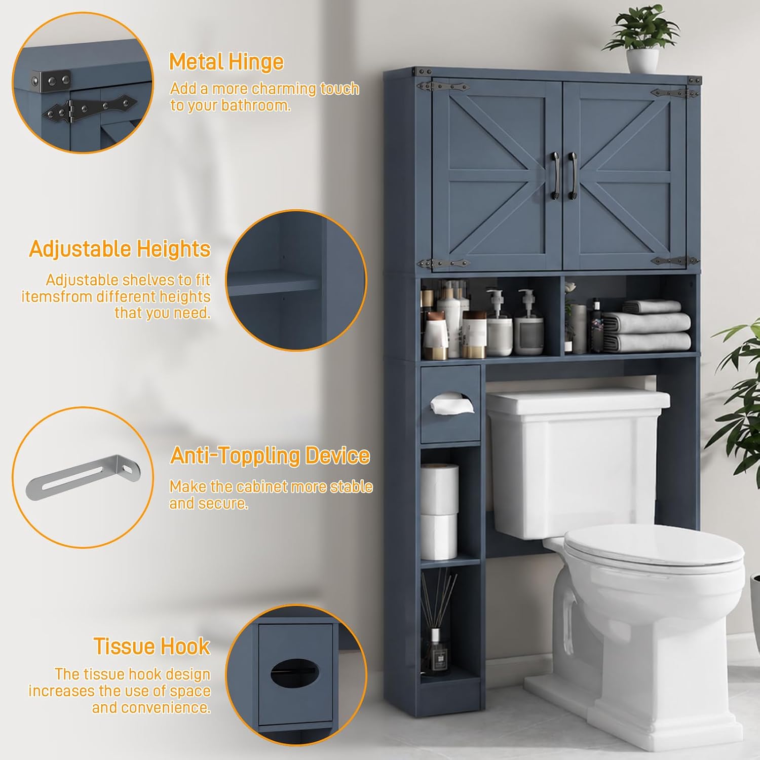 Vabches Over The Toilet Storage Cabinet, Farmhouse Storage Cabinet Over Toilet with 2 Barn Doors & Toilet Paper Holder Stand，Home Space-Saving Toilet Rack, for Laundry, Restroom, Bathroom.Blue