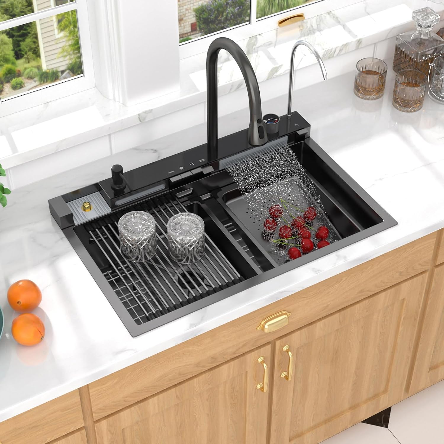 Smart Waterfall Kitchen Sink 30 Inch, Gunmetal Black Drop In 16 Gauge Stainless Steel Single Bowl Workstation Sink with Pull-Down Faucet, Cup Washer & Multi-Function Spray#TLWF-0004