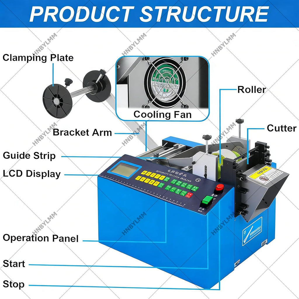 Automatic Heat Shrink Tube Cutting Machine Electric Tube Cable Pipe Cutter Industrial Fiberglass Sleeving Cutter with LCD Display & Micro Computer Control, Cutting Width 0-100mm, Accuracy 0.1mm
