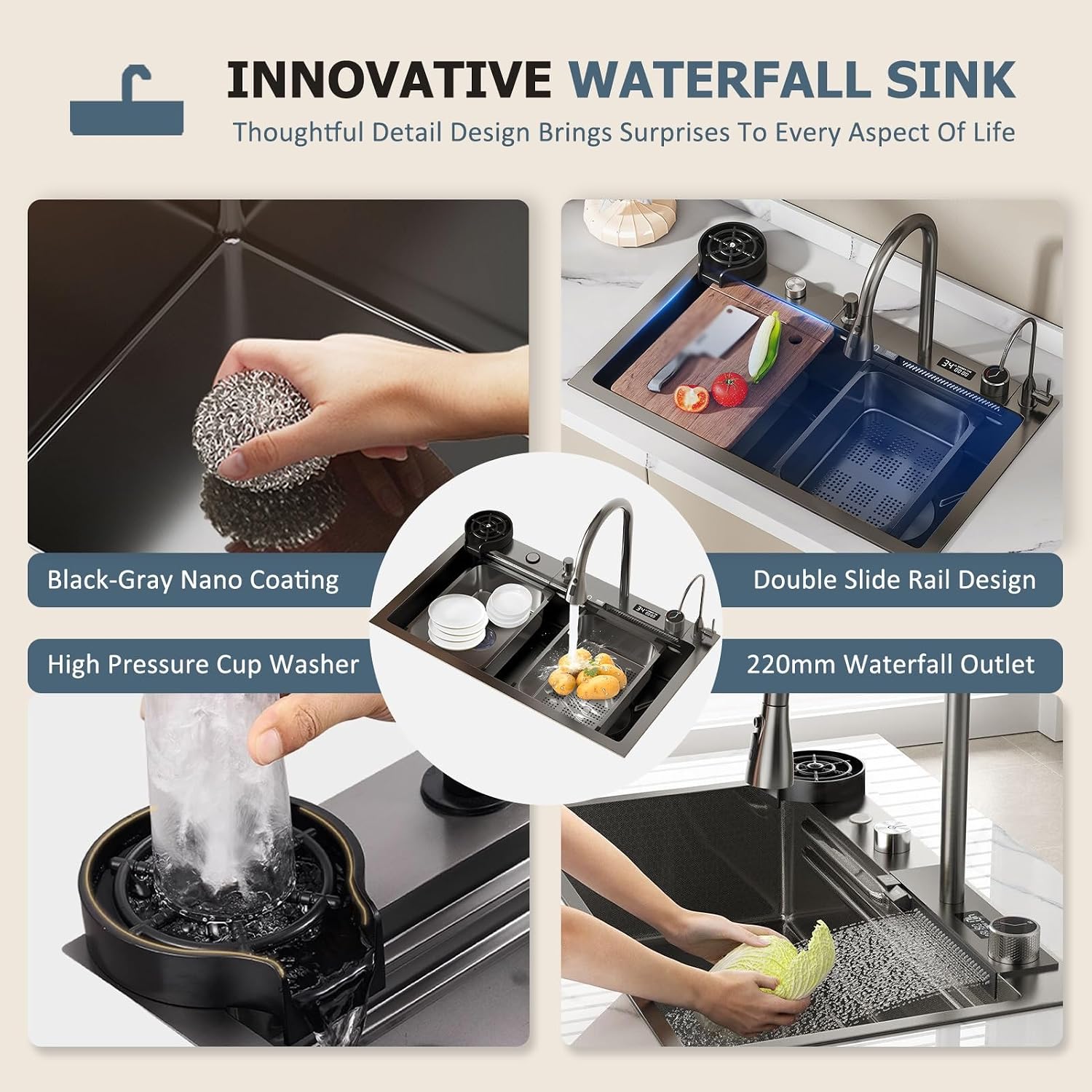 Single Bowl Kitchen Sink Stainless Steel Waterfall Sink with 3 in 1Pull-Out Tap, Chopping Board, and Cup Washer Multi-Functional Bar Sink Drop-in Or Undermount Installation(68x46cm)