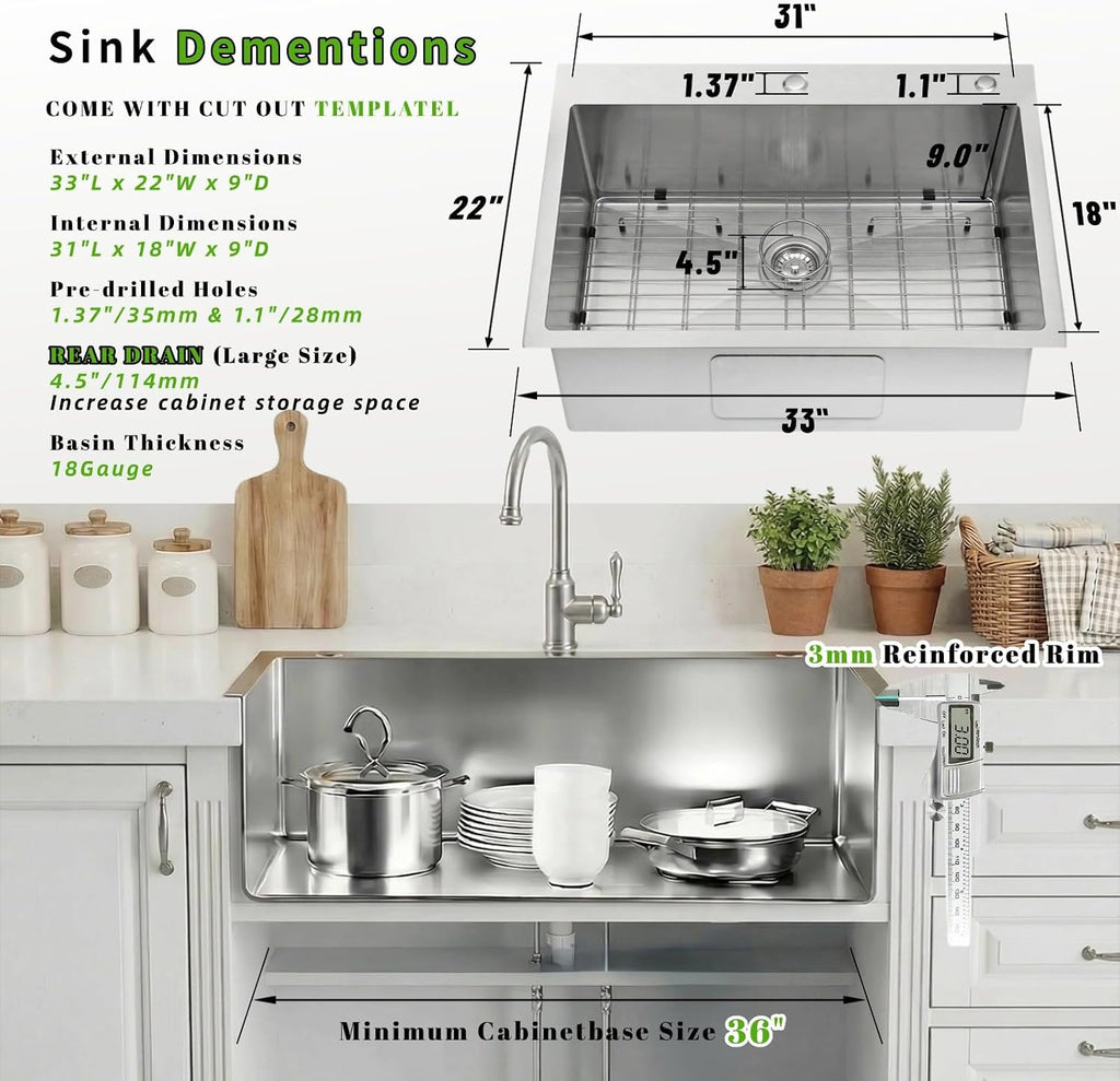 Drop In Kitchen Sink 33x22', 9' Basin Depth, 18 Gauge Stainless Steel Sink, 3D Embossed Surface Finish Top Mount with Accessories
