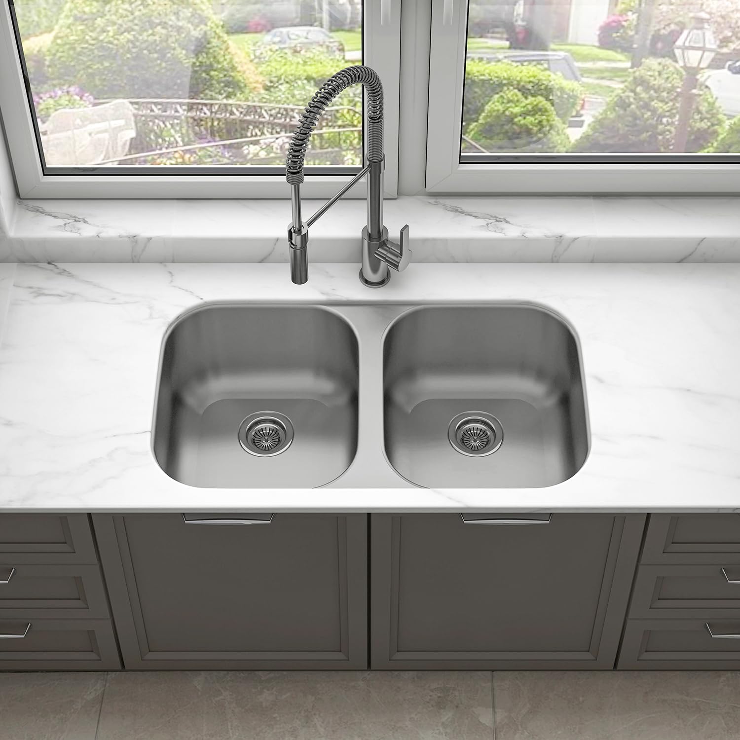 Sinber MU3218D 32' x 18' x 9' Undermount Double Bowl Kitchen Sink with 18 Gauge 304 Stainless Steel Satin Finish (Sink Only)